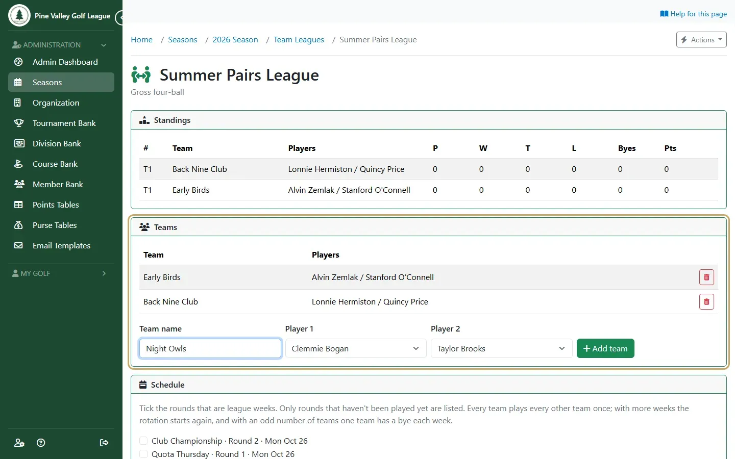 Adding a team: team name and two players