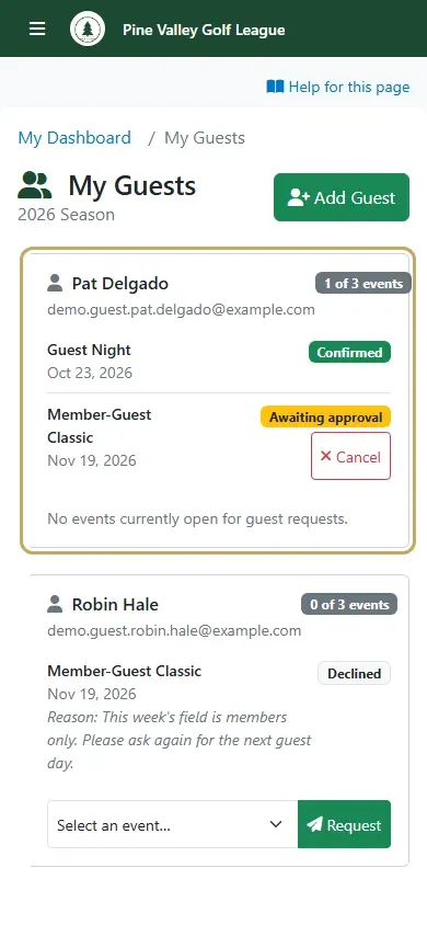 Pat Delgado’s card: Confirmed for Guest Night, Awaiting approval for Member-Guest Classic