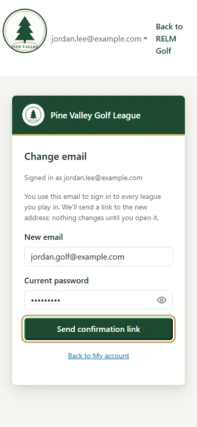 The Change email page with a new email and the current password filled in, and Send confirmation link highlighted