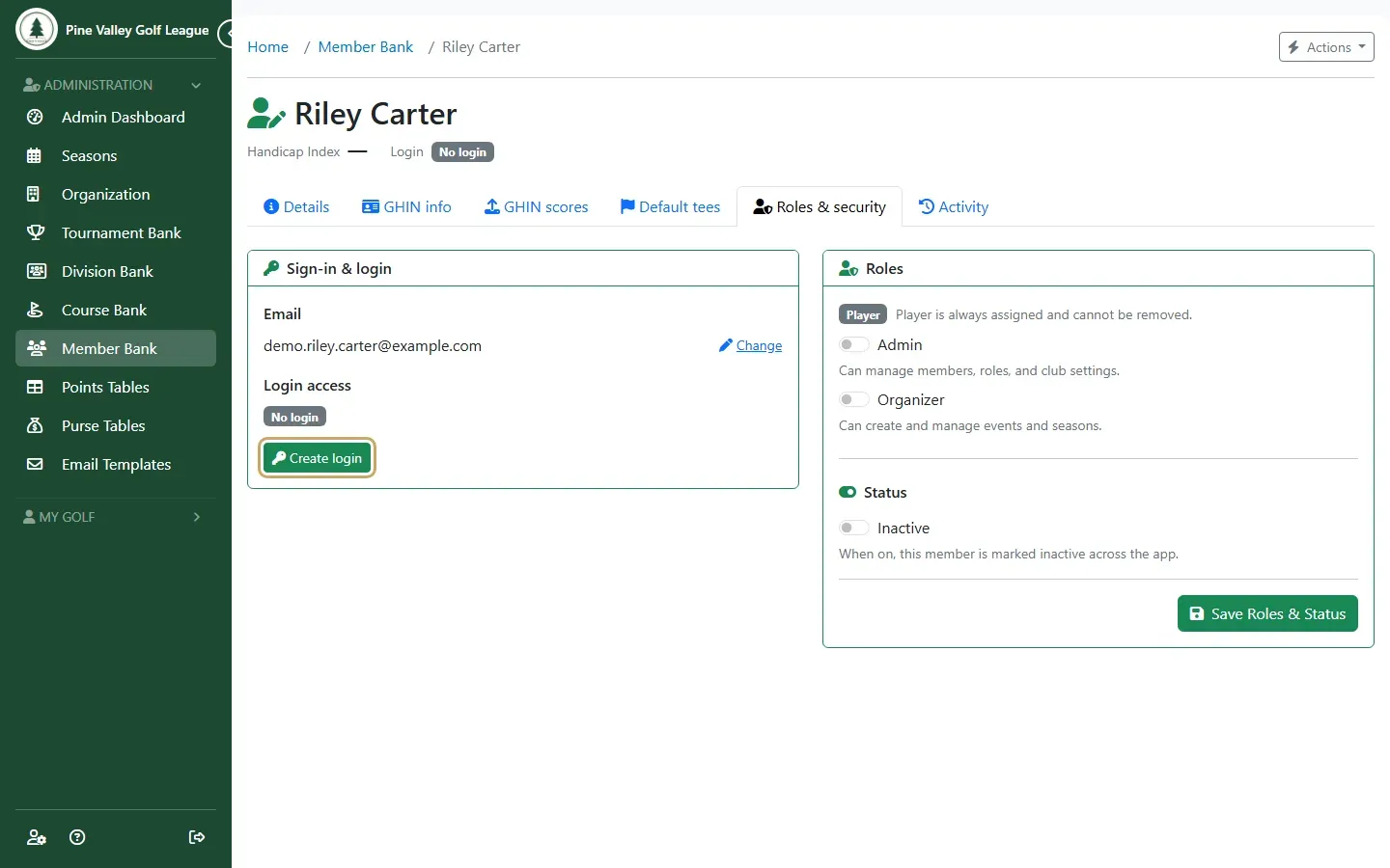 A member’s Roles & security tab with No login and the Create login button highlighted