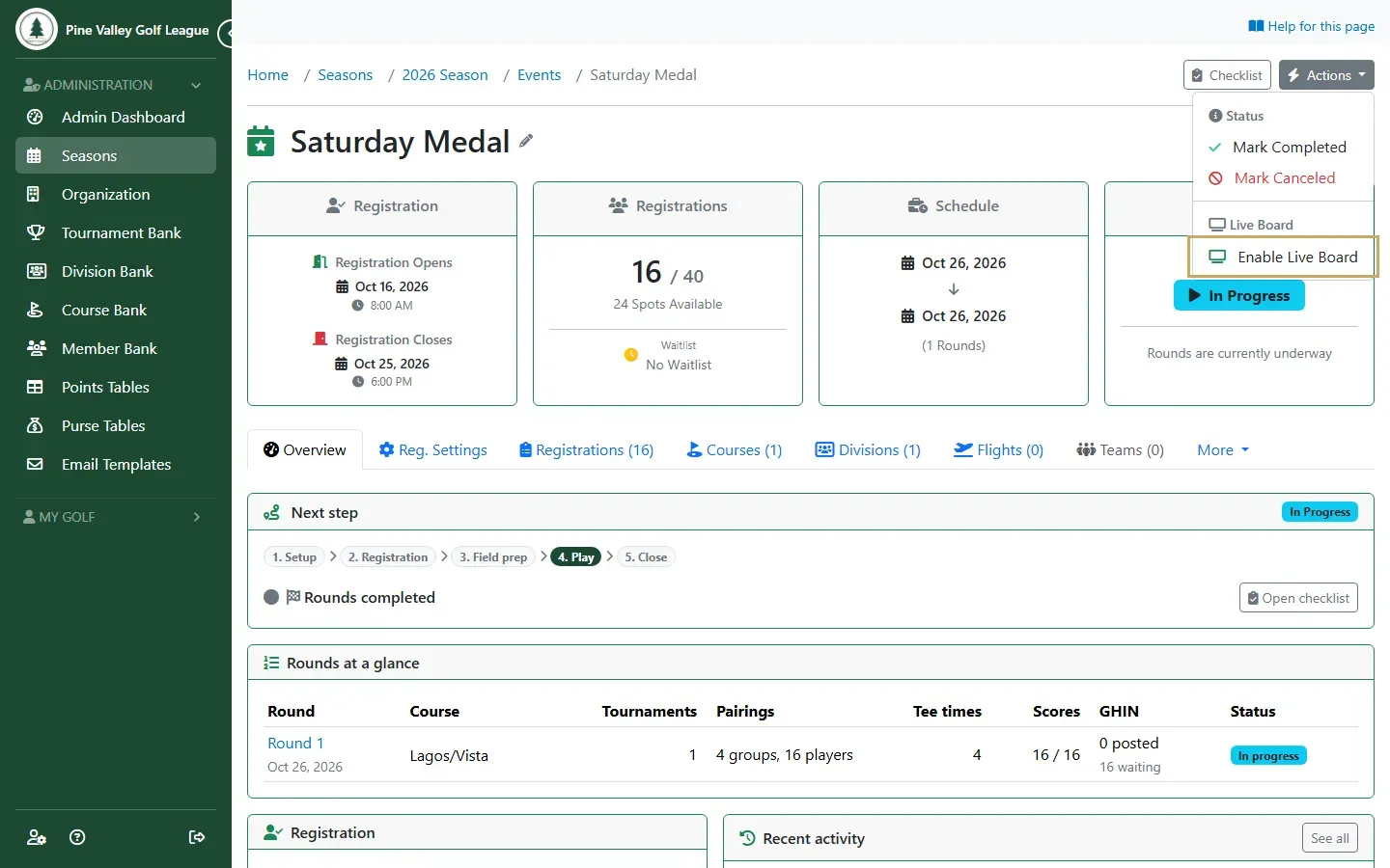 The event’s Actions menu with Enable Live Board highlighted