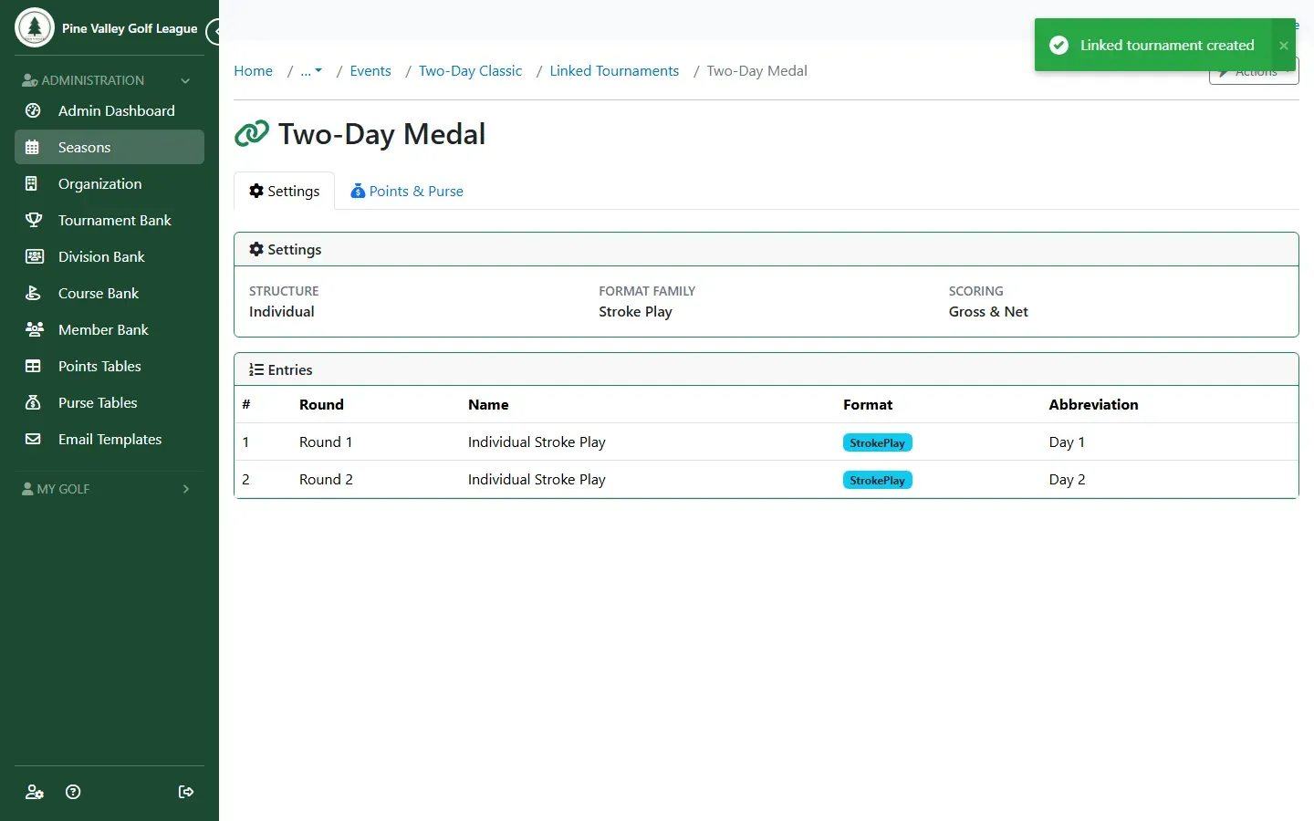 The Two-Day Medal page: Individual, Stroke Play, Gross & Net, and its two entries