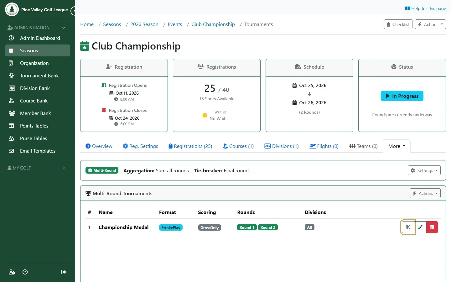 The Multi-Round Tournaments list with the scissors button highlighted