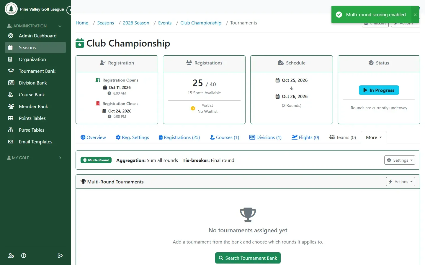 The Multi-Round tab with the Multi-Round badge, Aggregation: Sum all rounds, and no tournaments yet