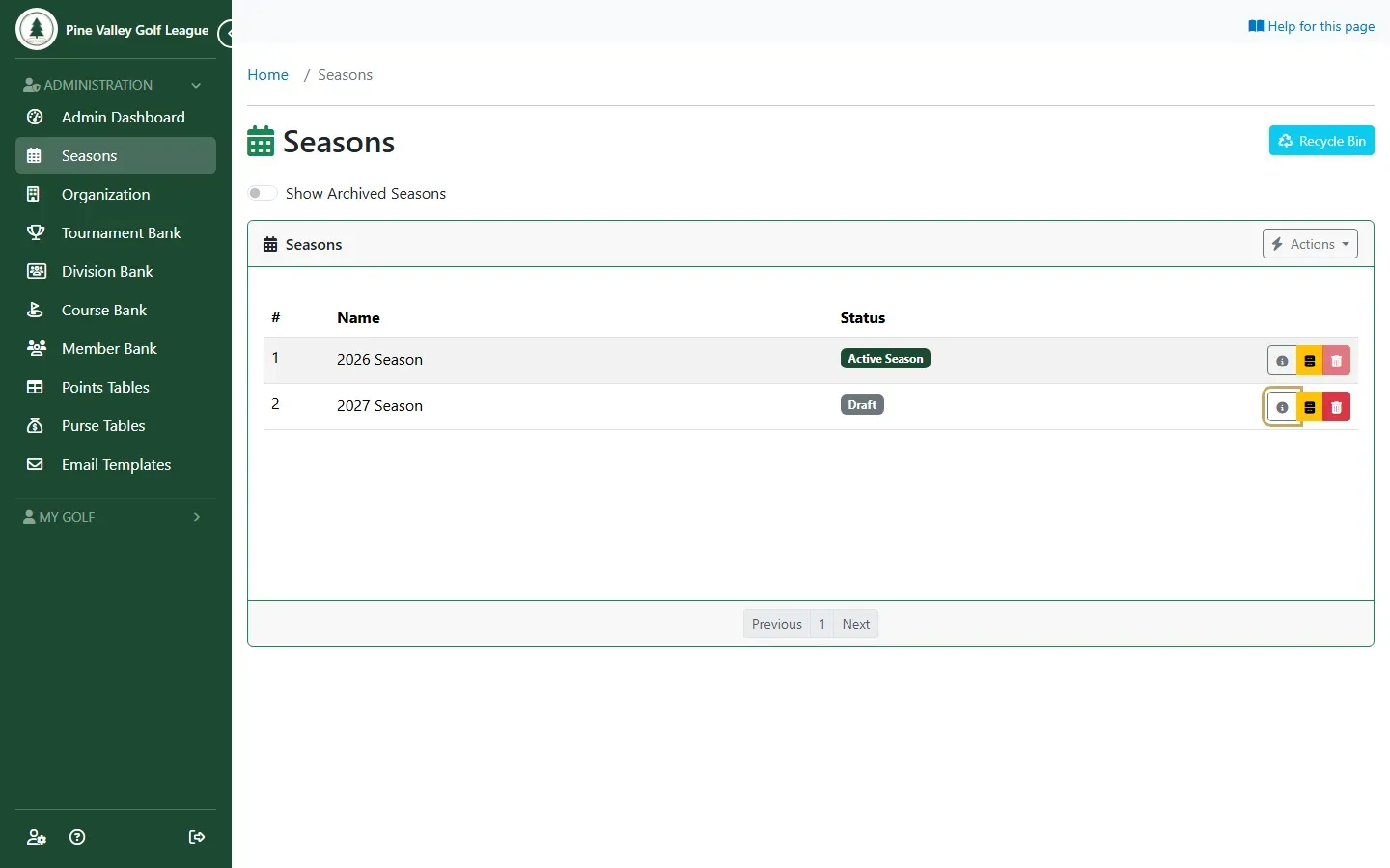 The Seasons list showing the new season as Draft, with its details button highlighted