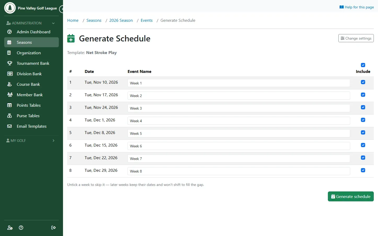 The preview with eight Tuesday weeks named Week 1 to Week 8