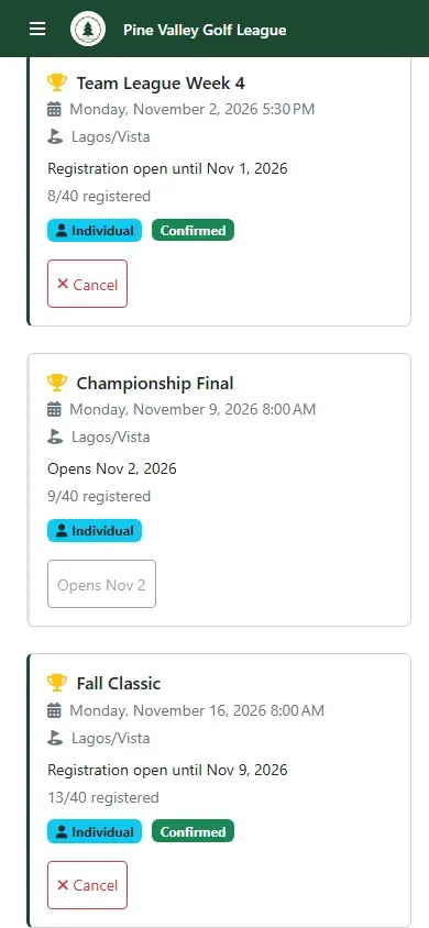 The event now marked Confirmed, with 13 of 40 registered and a Cancel button
