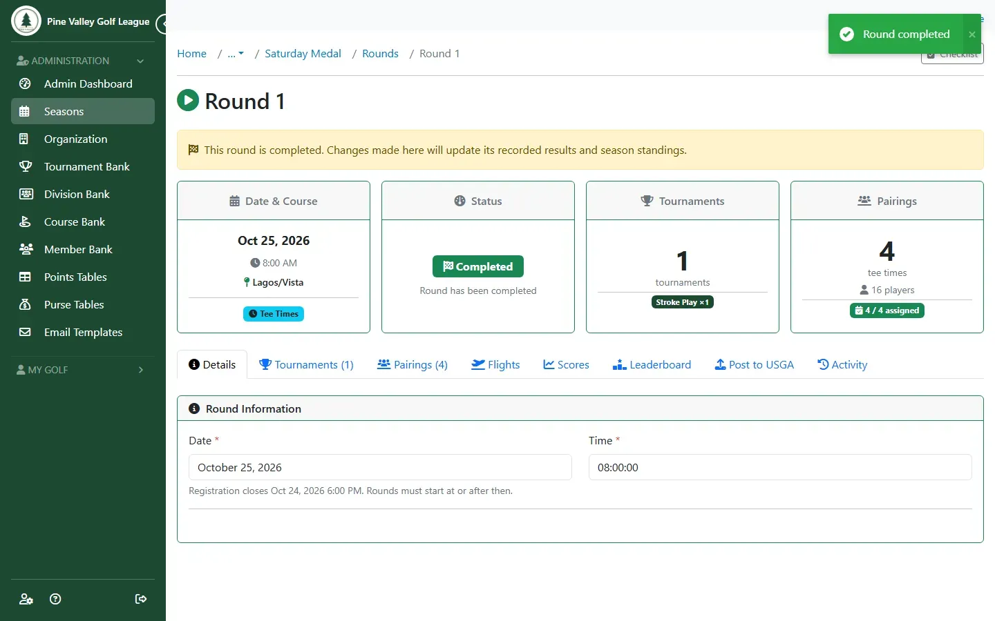 The round’s page with the Completed status