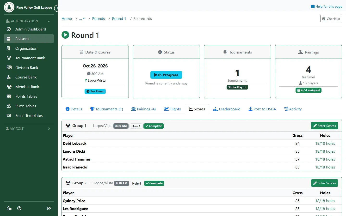 The Scores tab listing every group, three Complete and one with 0/72 holes, with Enter Scores highlighted on the last