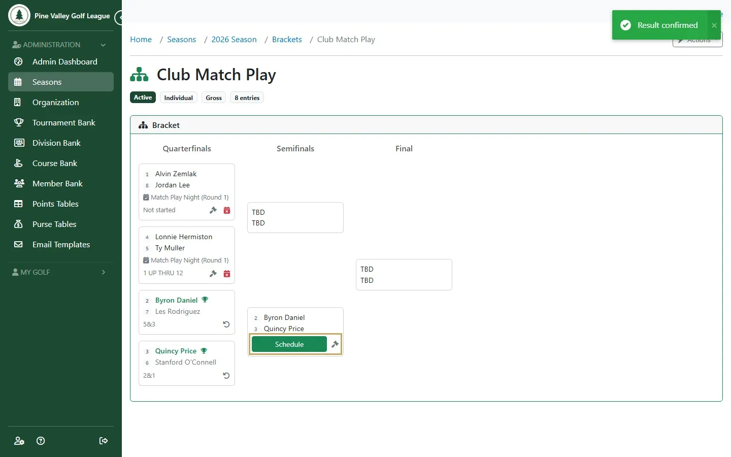 A semifinal with both players known, Schedule and the gavel button highlighted