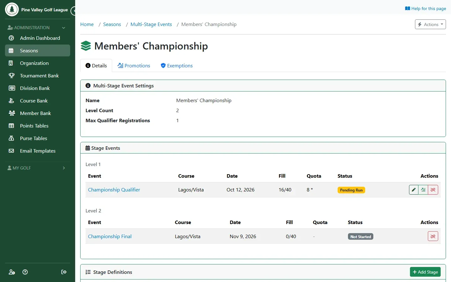 The championship’s details: its settings, stage events and stage definitions