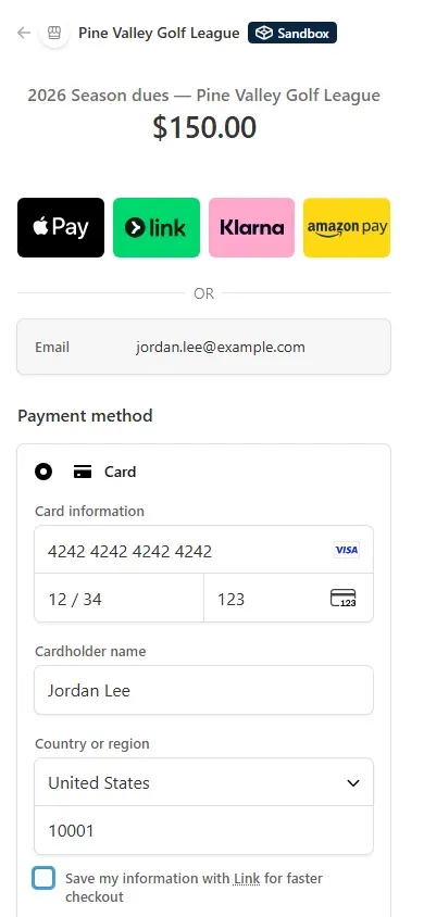 Stripe’s checkout on a phone showing the league name, the amount and the card details filled in