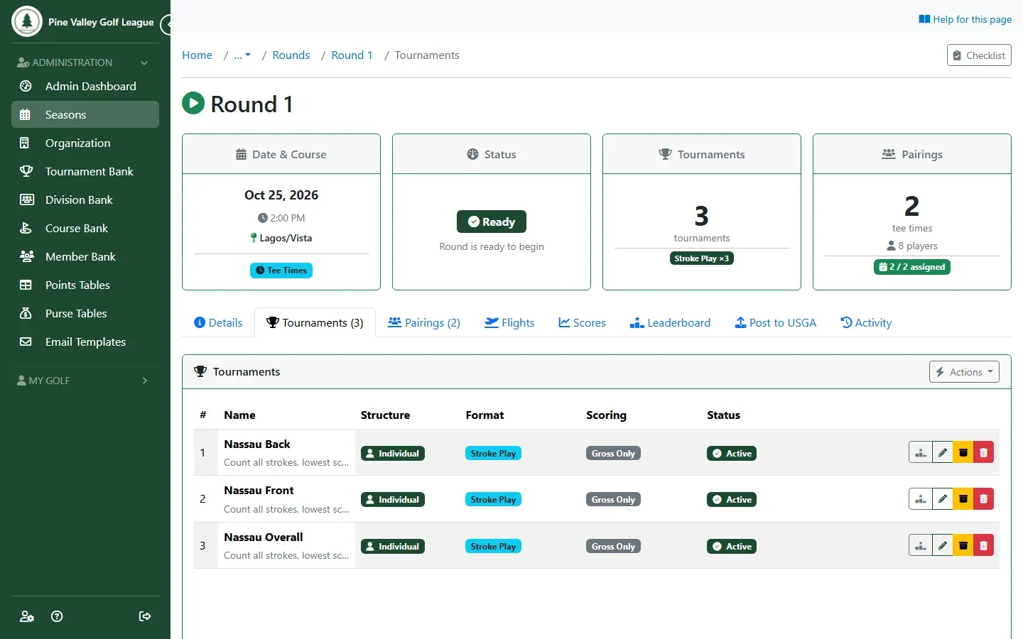 The round’s Tournaments tab: Nassau Back, Nassau Front and Nassau Overall