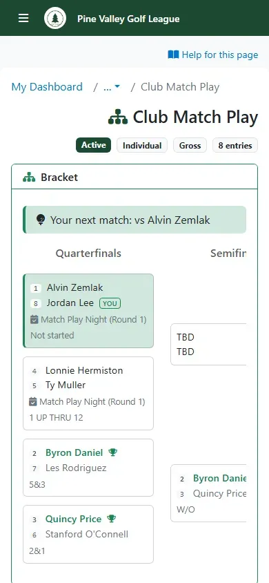 Club Match Play on a phone: the draw, with your next match at the top
