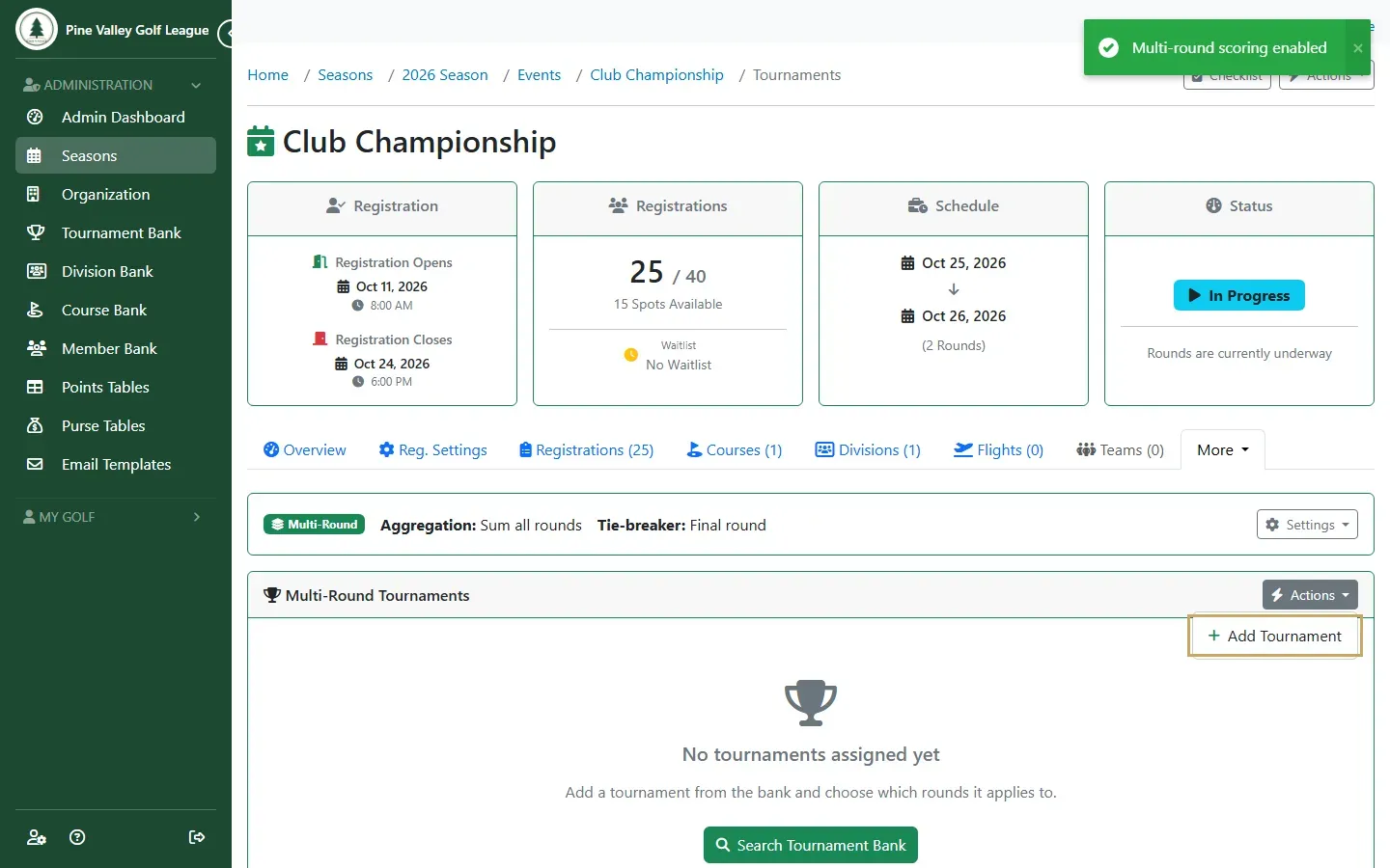 The Multi-Round Tournaments Actions menu with Add Tournament highlighted