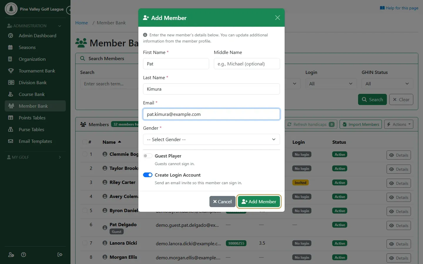 The Add Member dialog with a first name, last name and email filled in