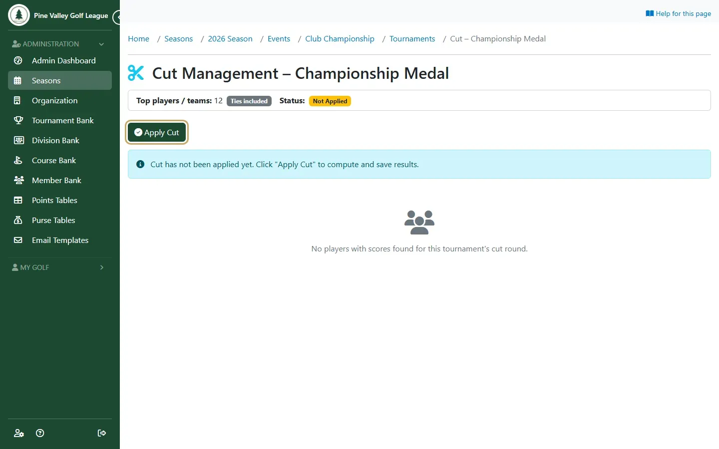 The Cut Management page with Apply Cut highlighted and the status Not Applied