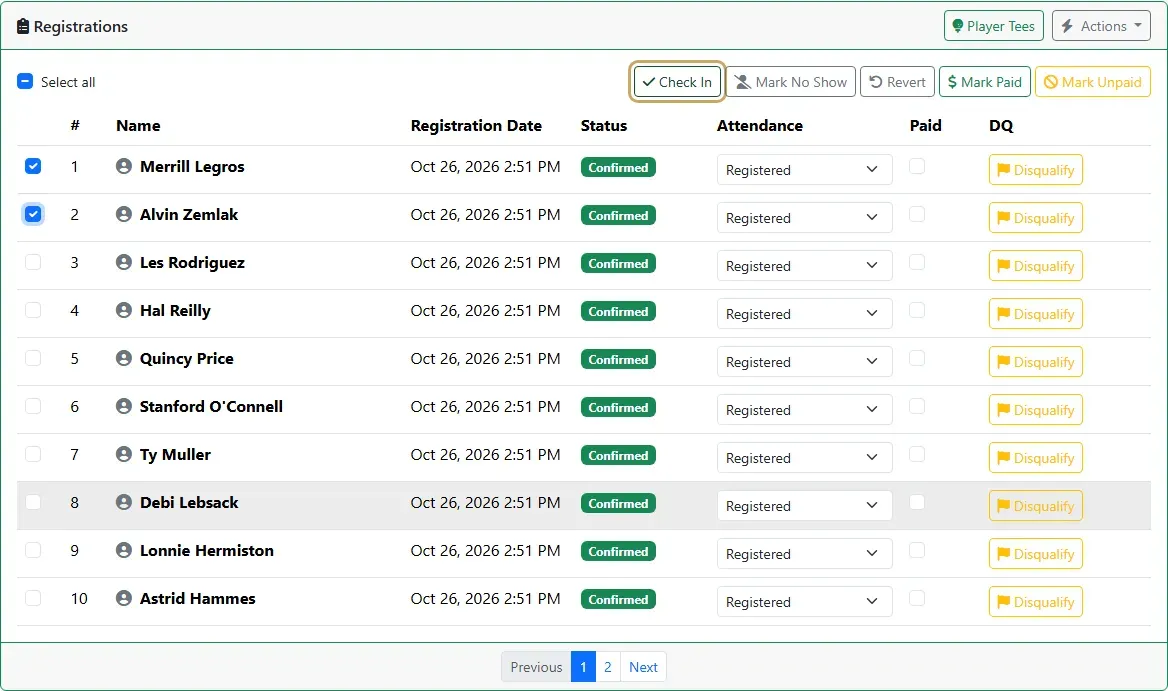 The registrations list with two players ticked and Check In highlighted