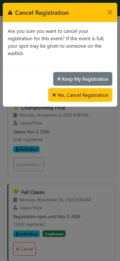 The Cancel Registration confirmation with Keep My Registration and Yes, Cancel Registration buttons