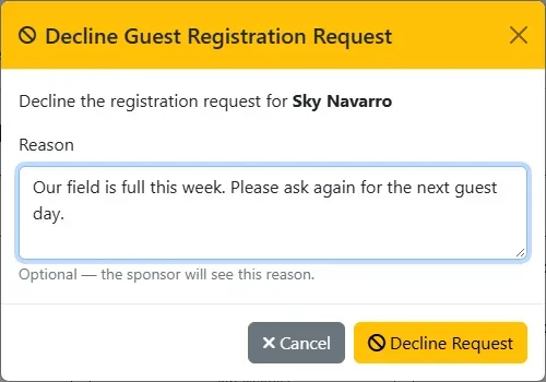 The Decline Guest Registration Request dialog with a reason filled in
