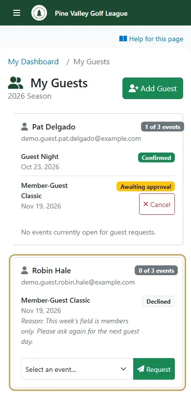Robin Hale’s card: Declined, with the admin’s reason and the Request button
