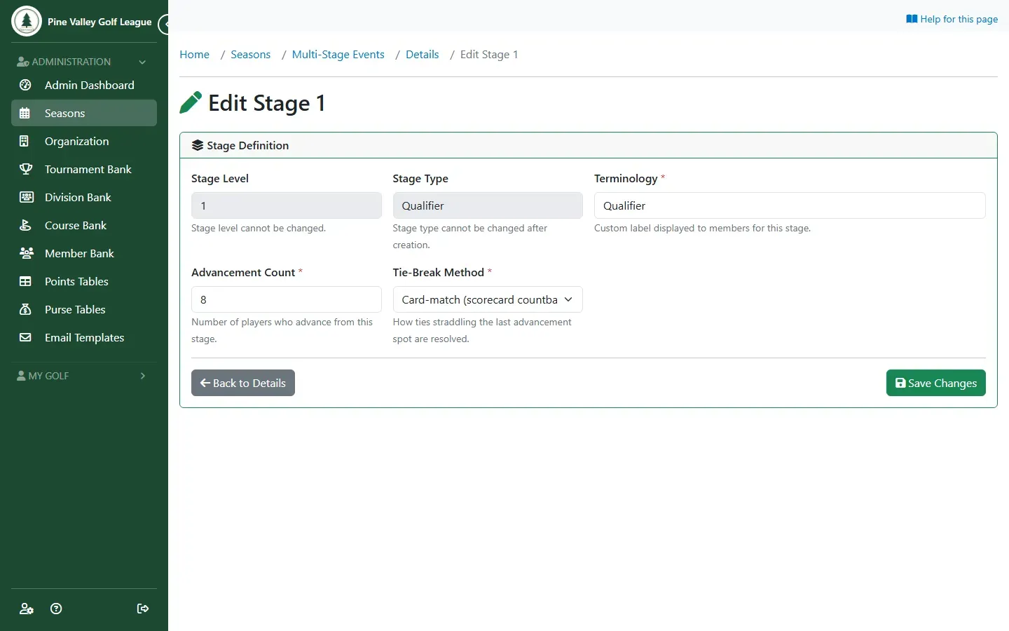 The stage form with the type, terminology, advancement count and tie-break method