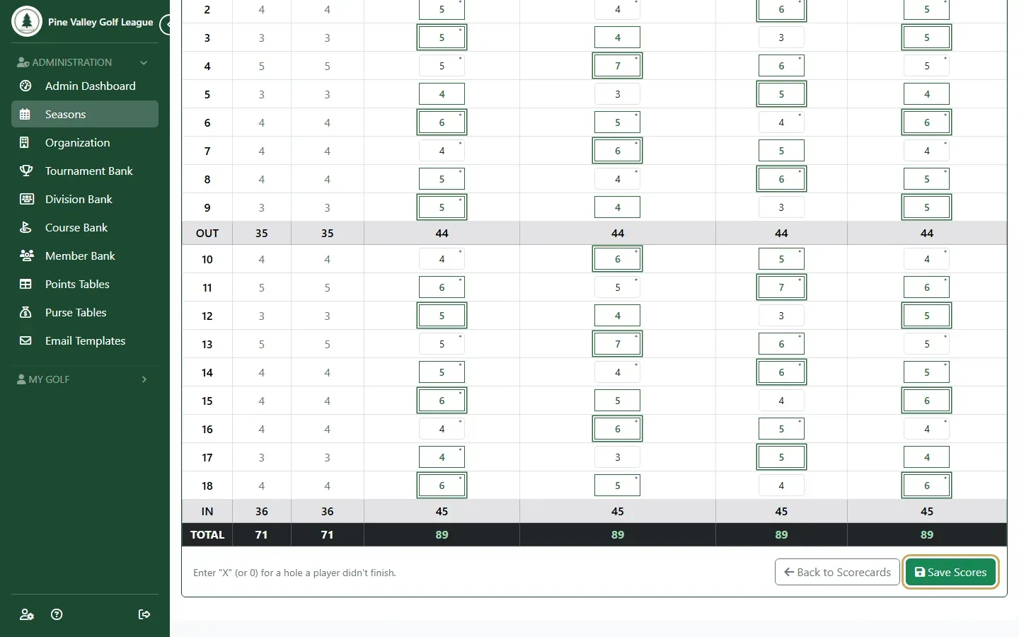 The Enter Scores page with all 18 holes filled in for four players, and Save Scores highlighted