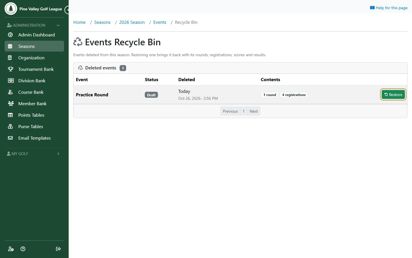 The Events Recycle Bin listing Practice Round with its Restore button highlighted