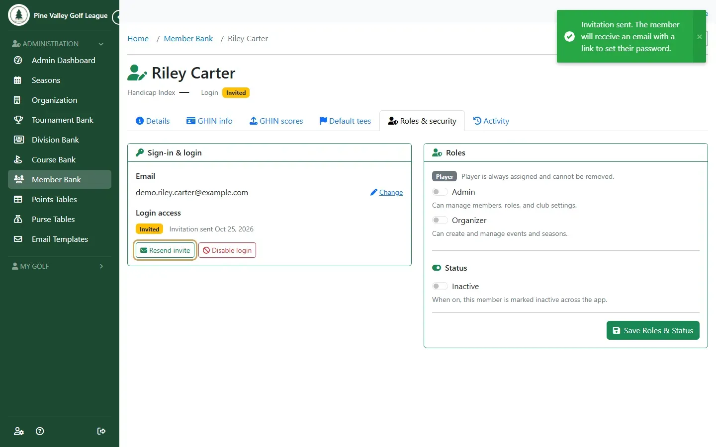 The Roles & security tab showing the member as Invited, with Resend invite highlighted