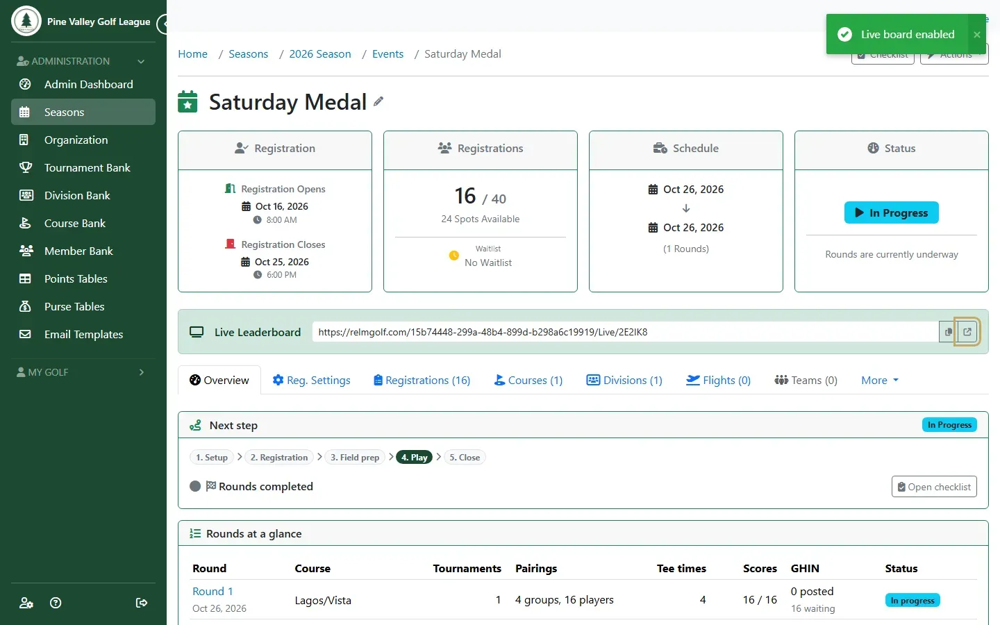 The event overview with the Live Leaderboard address and its open button highlighted