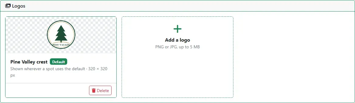 The Logos card showing the uploaded crest marked Default, next to the Add a logo tile
