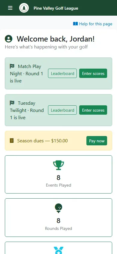 My Dashboard on a phone: a live round with Enter scores, events played, rounds played and season ranking