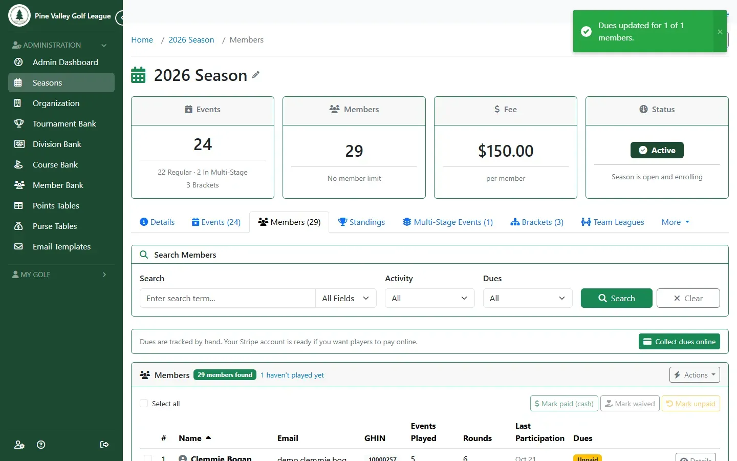 The Members tab with the member’s dues now showing Paid (cash)