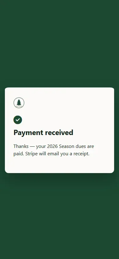 The Payment received page: your 2026 Season dues are paid, and Stripe will email you a receipt
