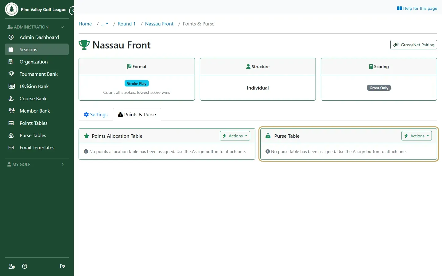 Nassau Front’s Points & Purse tab with the Purse Table highlighted