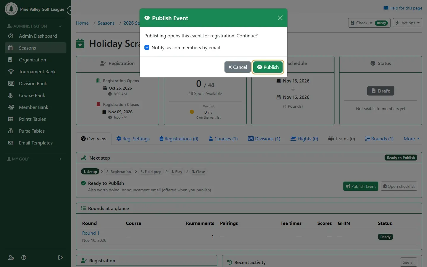 The Publish Event dialog with Notify season members by email ticked
