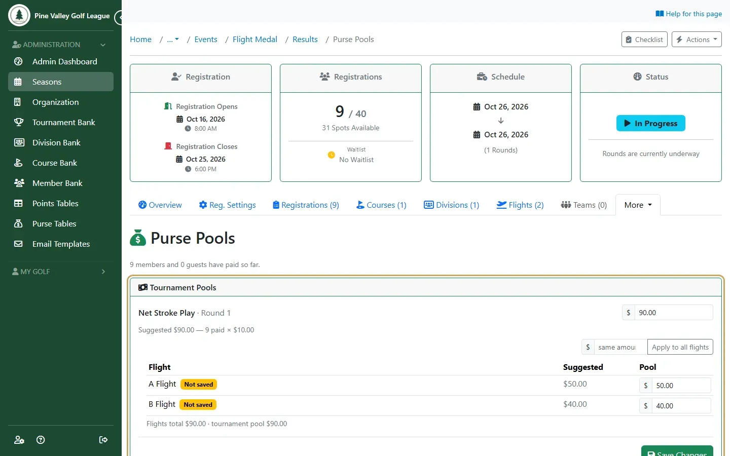 Purse Pools with a suggested pool for each flight