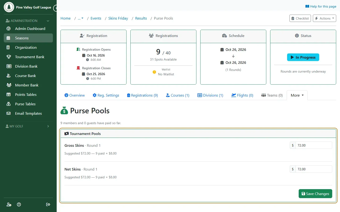 Purse Pools with a suggested pot for each skins game