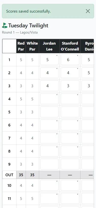 The scorecard after saving, with the Scores saved successfully message