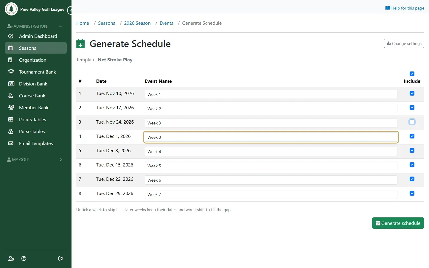 Week 3 unticked, and the next week renamed Week 3