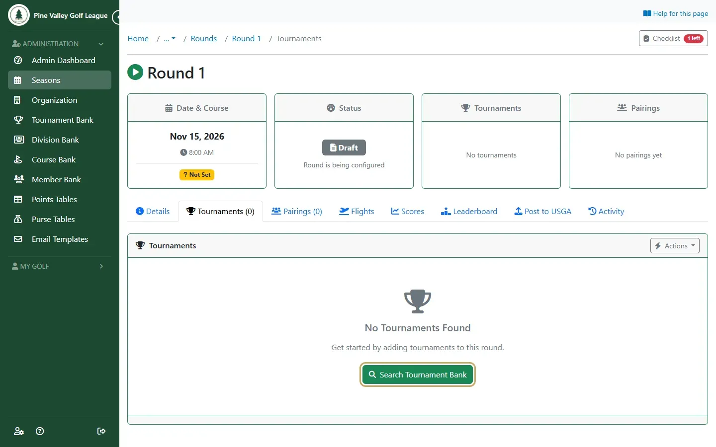 The round’s Tournaments tab with no tournaments and the Search Tournament Bank button highlighted