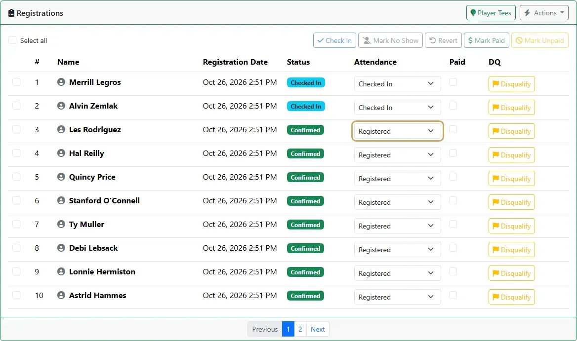 The registrations list with one player’s Attendance list highlighted