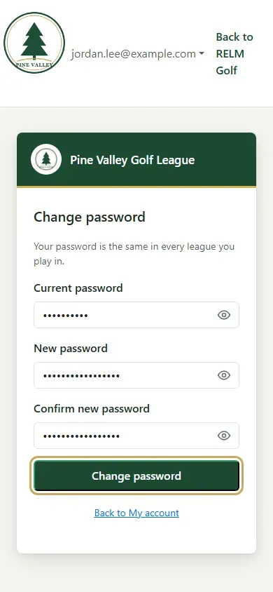 The Change password page with all three fields filled in and Change password highlighted