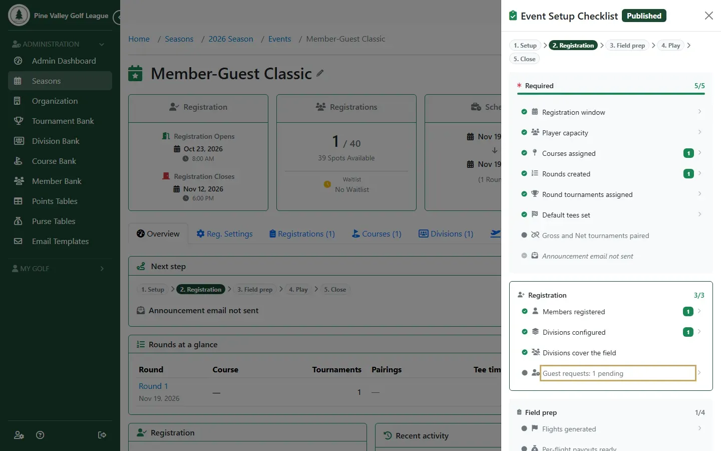 The event checklist showing Guest requests: 1 pending