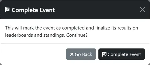 The Complete Event dialog: This will mark the event as completed and finalize its results on leaderboards and standings