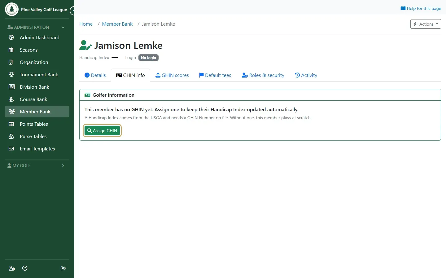 A member’s GHIN info tab with the Assign GHIN button highlighted