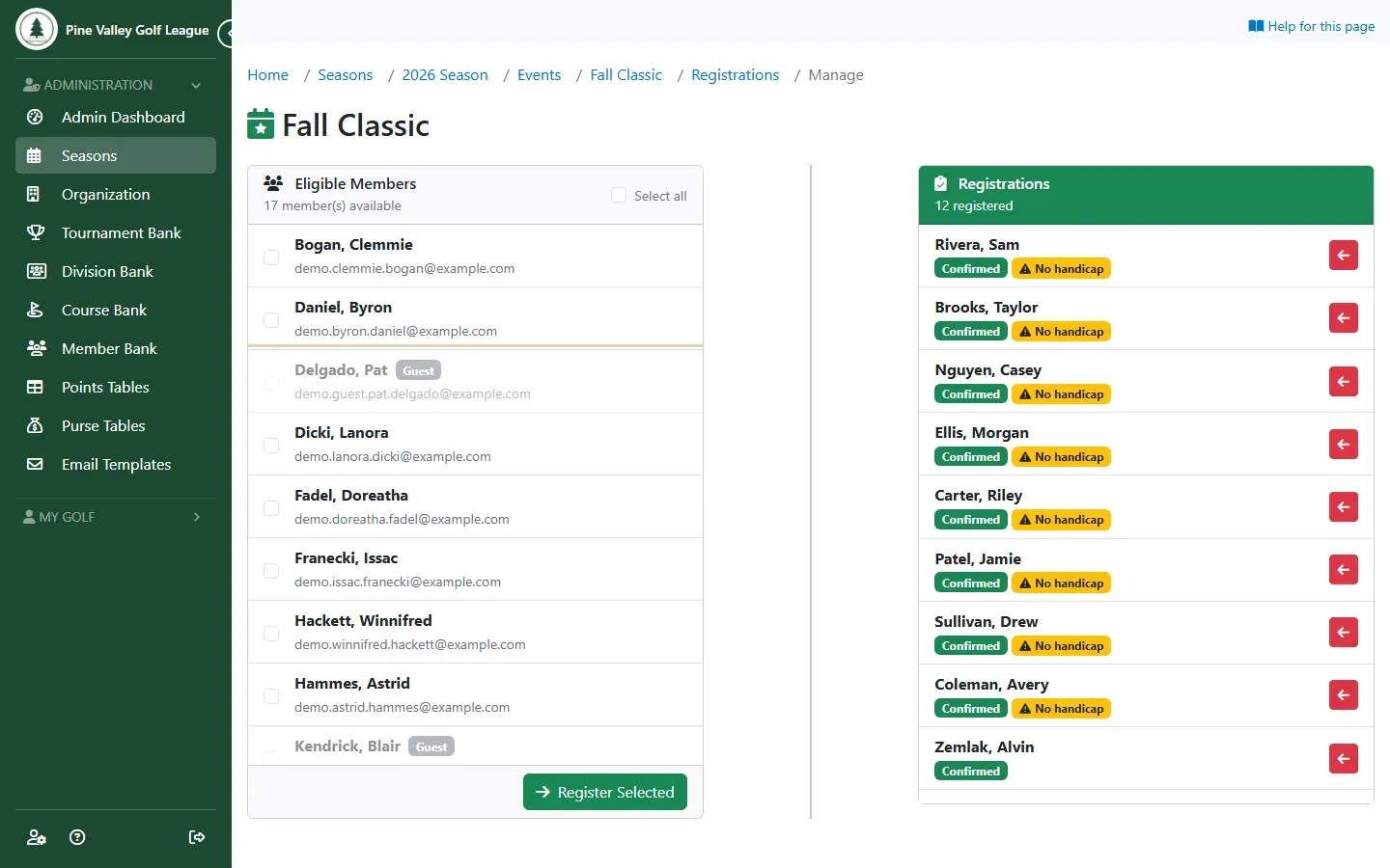 Manage Registrations with the guest Pat Delgado greyed out