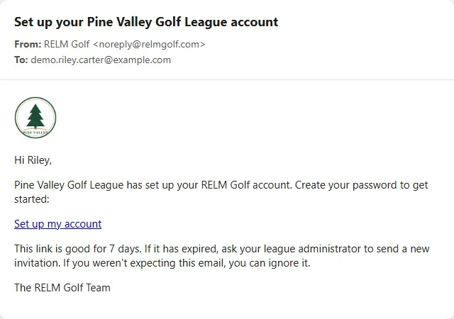 The invitation email: Set up your Pine Valley Golf League account, with the league logo and a Set up my account link