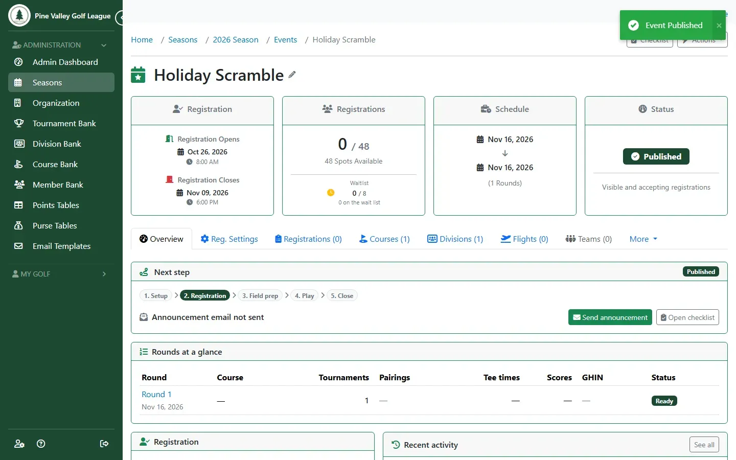 The published event’s overview with the Published status and a Send announcement button