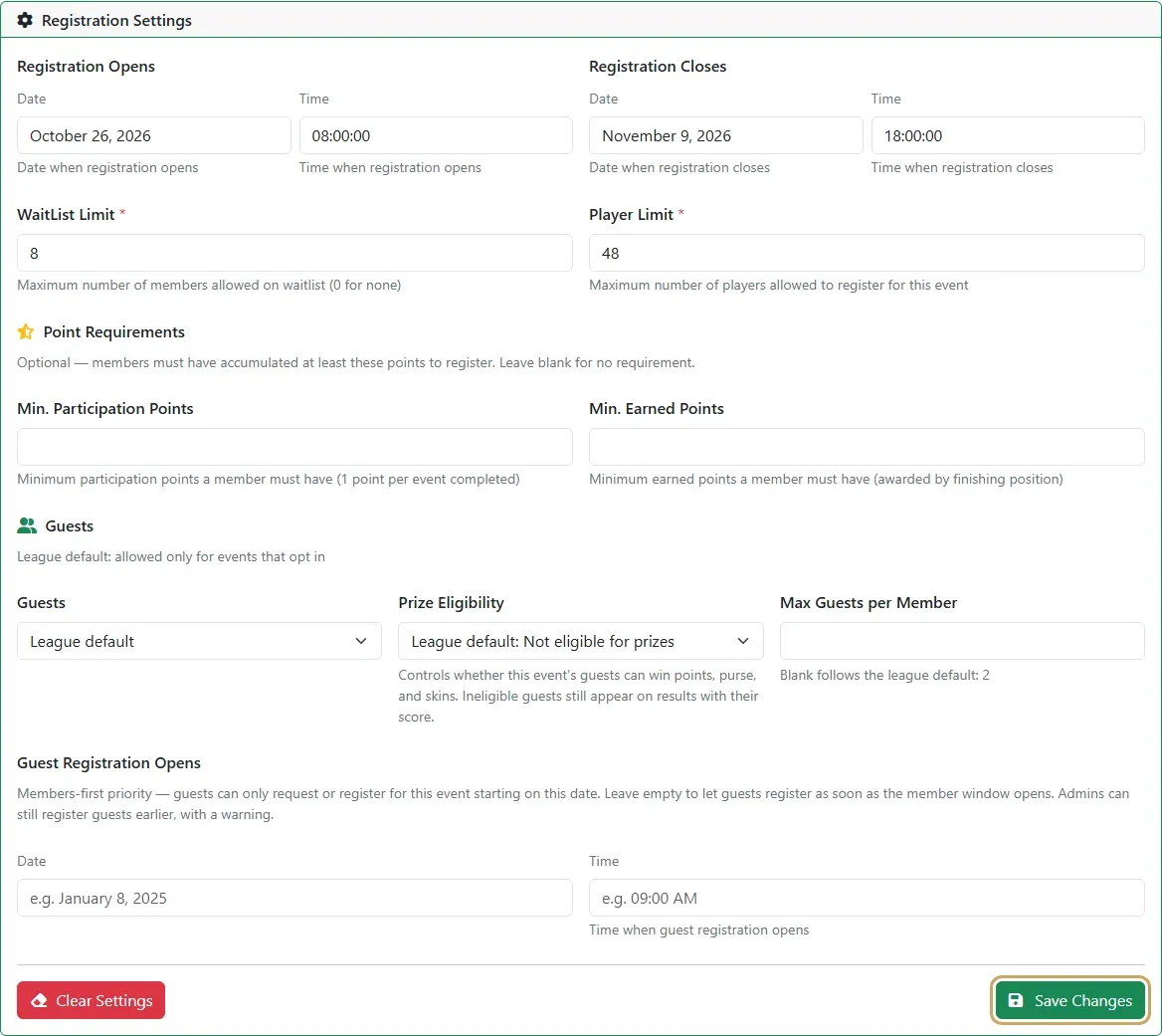 The Registration Settings form with dates, times, a player limit of 48 and a wait list of 8